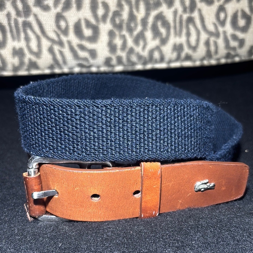 Lacoste Men's Navy and Brown Belt leather and woven classic belt casual preppy